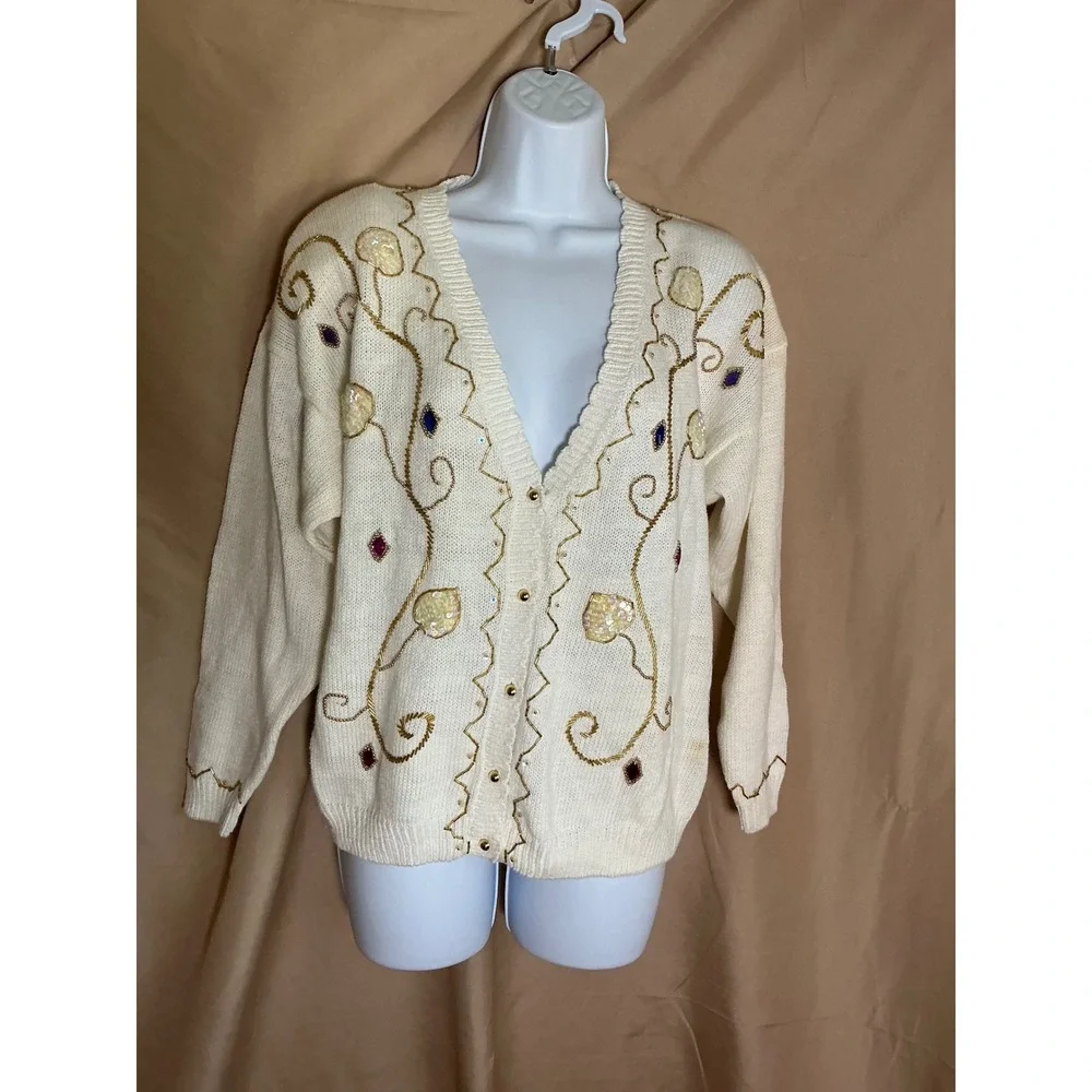 Exclusive Imports Cardigan Womens Medium Cream NWT Beaded Sequin Vintage V-Neck